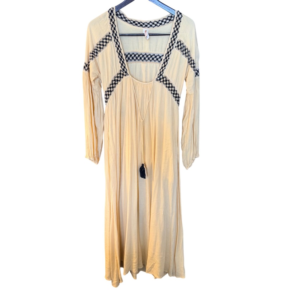Raga Womens XS Cream‎ Black Embroidered Tassel Boho Maxi Dress Long Sleeve